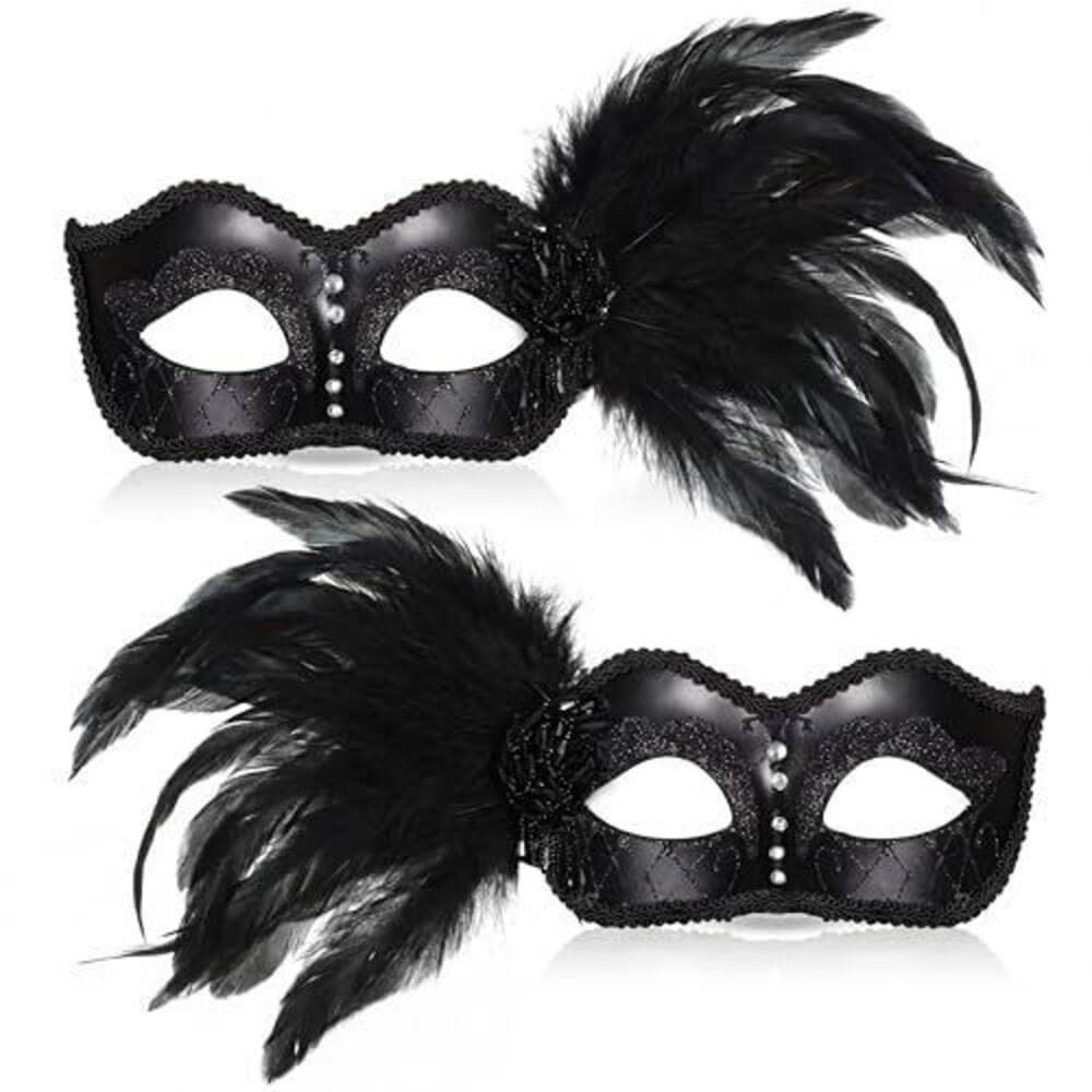 7781 2 Pcs Couple Masquerade Masks Costume Feather Raven Crow Mask Mardi